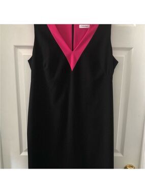 Size 12 Calvin Klein Black Dress Hot Pink V-Neck Power Sheath Dress Color Pop